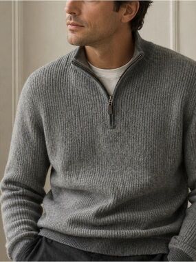 Belford 100% Cashmere Quarter Zip Sweater – Men’s Large Gray Rib Knit Pullover